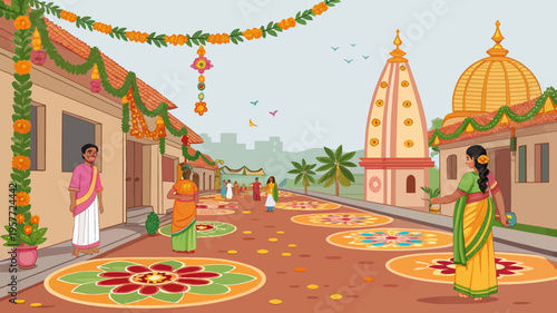 A vibrant and colorful street scene in a traditional Indian village during a festive celebration with people and decorations