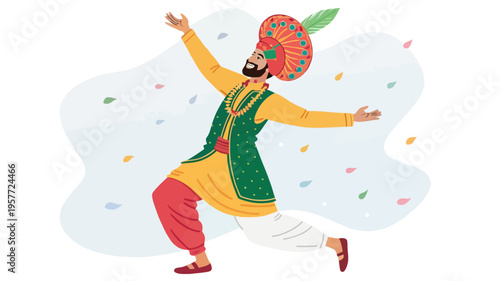 A vibrant illustration of a man in traditional Indian attire dancing joyfully with colorful confetti