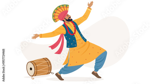 A colorful illustration of a traditional Indian dancer in a vibrant yellow and blue outfit dancing with a drum