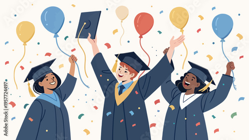 Three diverse graduates in caps and gowns celebrate with balloons and confetti