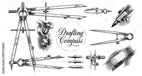 Detailed illustration of drafting compasses and drawing tools in vintage sketch style