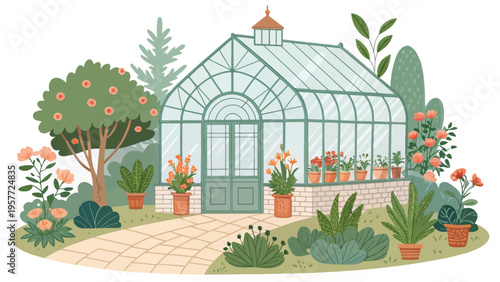 A serene greenhouse surrounded by lush greenery and vibrant flowers in a peaceful garden setting