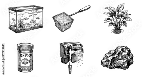 Collection of hand-drawn aquarium supplies and elements for aquatic life