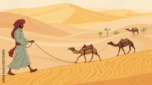 A man in traditional desert attire leads two camels through the sandy dunes of a vast desert landscape