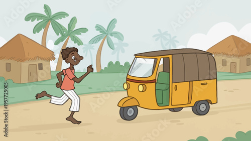 A cartoon man runs down a dirt road in a tropical village with a tuk-tuk