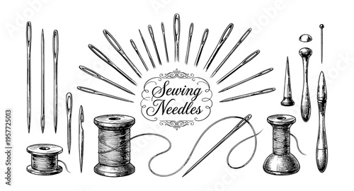 Collection of sewing needles and thread spools in a vintage sketch style