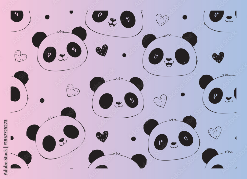 Fototapeta premium Cute cartoon panda faces seamless pattern with hearts and zzz