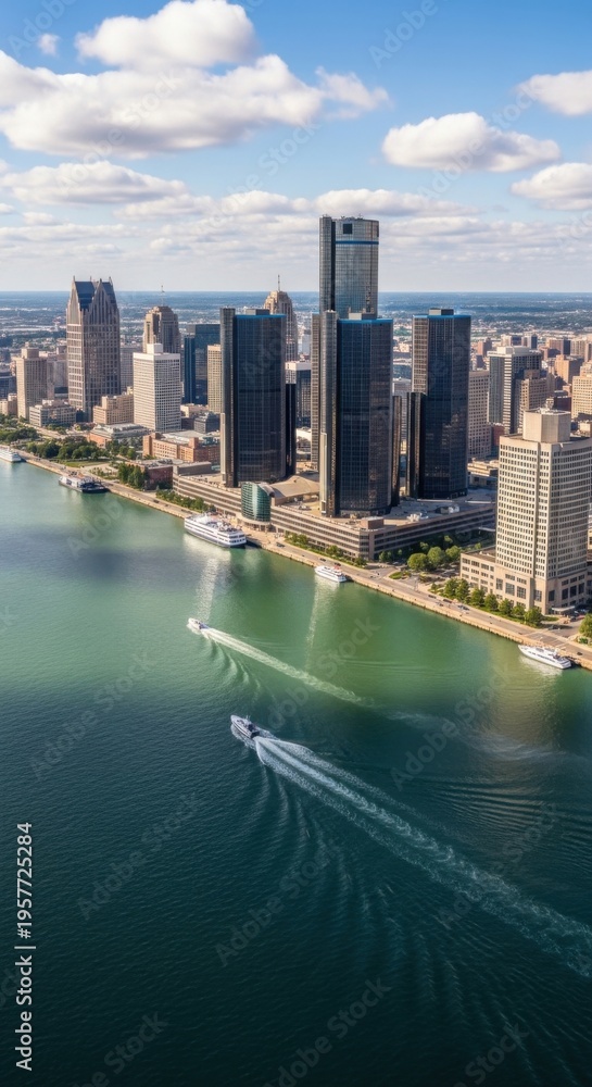 Fototapeta premium Dynamic Cityscape Skyline Riverfront With Boats Under Bright Sunny Skies