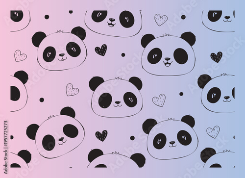 Cute cartoon panda faces seamless pattern with hearts and zzz
