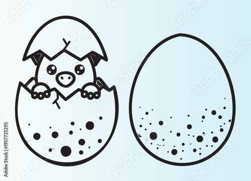 Cute cartoon pig hatching from an egg illustration