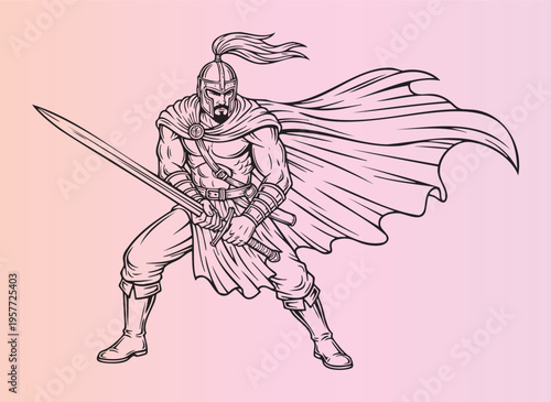 Medieval knight in armor holding a sword ready for battle illustration