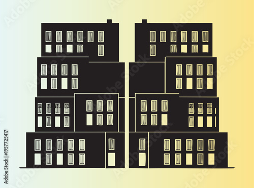 Modern minimalist apartment building illustration with lit windows