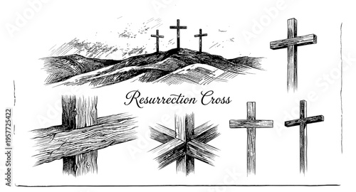 Collection of hand-drawn crosses and a hilly landscape, symbolizing faith and resurrection