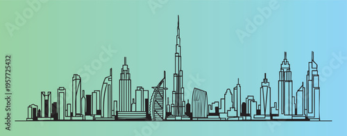 Modern city skyline with iconic skyscrapers and futuristic buildings