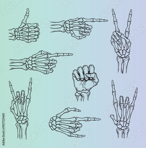 Skeletal hand gestures set in detailed illustration style