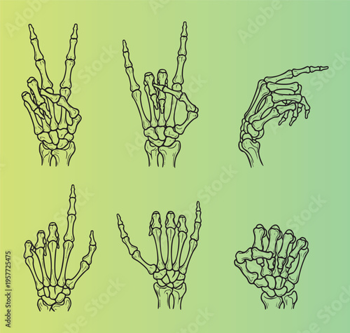 Skeletal hand gestures set in cartoon style illustration