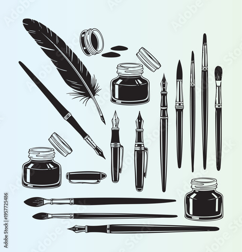 Vintage calligraphy and painting tools collection isolated illustration