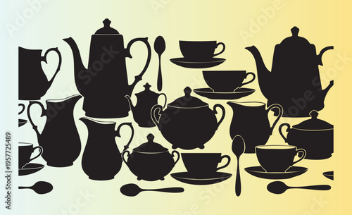 Vintage tea set silhouettes with teapots cups and spoons