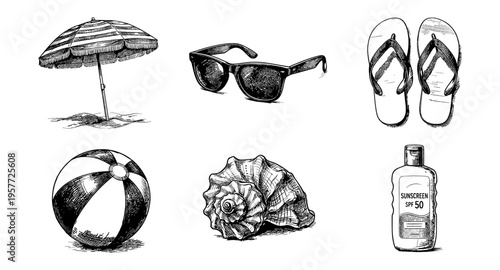 Collection of hand-drawn beach essentials including umbrella, sunglasses, flip-flops, ball, shell, and sunscreen