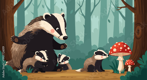 Obraz na płótnie Badger family in forest habitat.