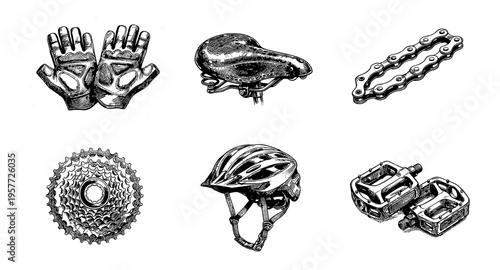 Collection of vintage bicycle parts and accessories in a detailed ink sketch style