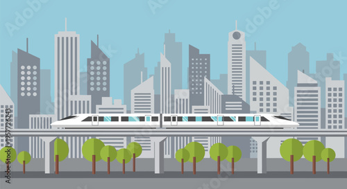 Monorail Train City Skyline View.