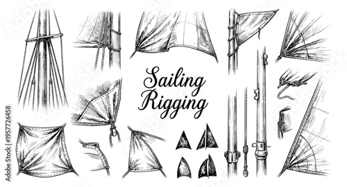 Detailed illustration of nautical sailing rigging components and knots