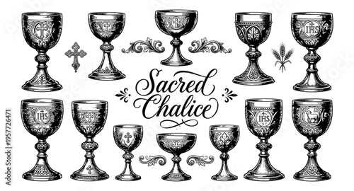 Collection of ornate sacred chalices and religious symbols in vintage engraving style