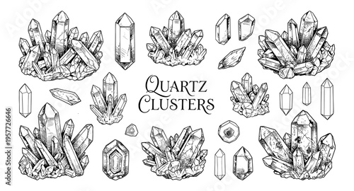 Collection of hand-drawn quartz crystal clusters and formations