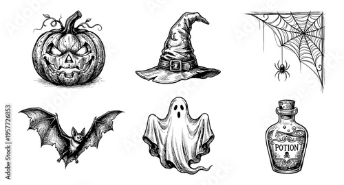 Spooky Halloween illustrations featuring a jack-o-lantern, witch hat, bat, ghost, spider, and potion