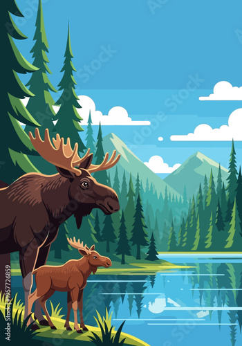 Moose standing by lake with calf.