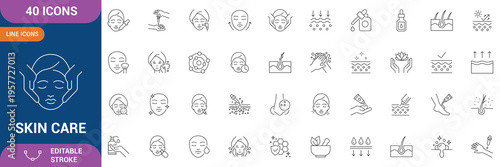 Skin Care Icon Set. Containing Moisture cream, acid, anti wrinkle serum, collagen, retinol compound, sunscreen, hydration, skincare routine, beauty treatment  and etc. Editable stroke.