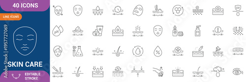 Skin Care Icon Set. Containing Moisture cream, acid, anti wrinkle serum, collagen, retinol compound, sunscreen, hydration, skincare routine, beauty treatment  and etc. Editable stroke.