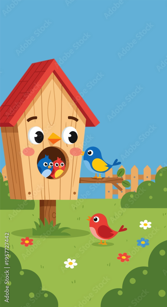 Obraz premium Birds in a Birdhouse Scene.