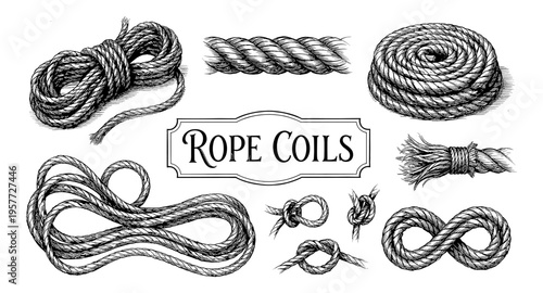 Collection of detailed rope illustrations including coils, knots, and frayed ends