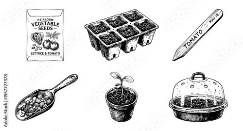 Gardening supplies for starting seeds indoors and planting outdoors
