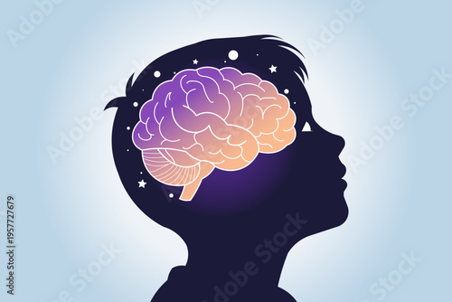 Silhouette of a child's head with a colorful, starry brain inside