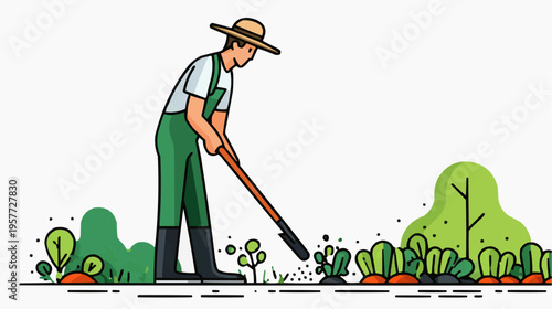 Flat vector illustration of a bold gardener hoeing weeds in a vegetable patch, suitable for gardening blogs, agricultural websites, or healthy food promotions.
