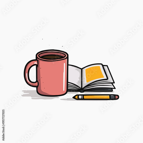 Flat vector illustration of a bold coffee mug next to an open notebook and pencil, perfect for study guides, cafe promotions, or creative workspace designs.