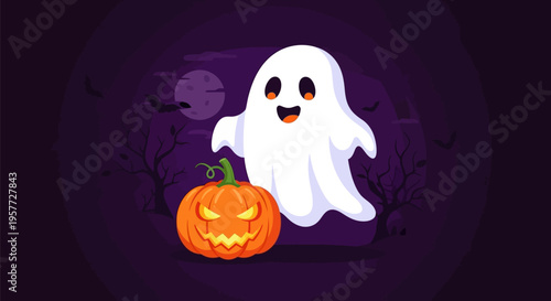 Smiling Ghost Holding Pumpkin.