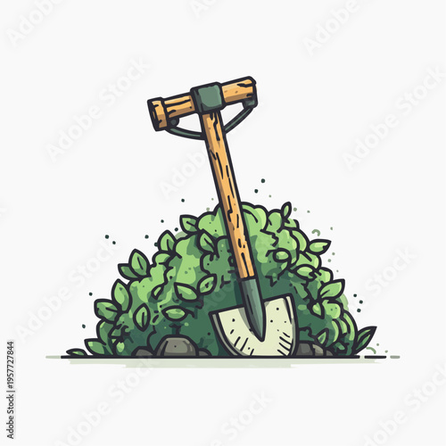 Flat vector illustration of a garden hoe tool leaning against a pile of green foliage, suitable for gardening blogs, landscaping services, or outdoor activity promotions.
