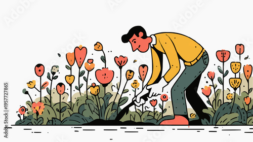 Flat vector illustration of a person pulling weeds from a flower bed, suitable for gardening blogs, spring promotions, or home improvement guides.