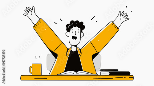 Flat vector illustration of a bold student celebrating passing exams, suitable for educational websites, success stories, or motivational content.
