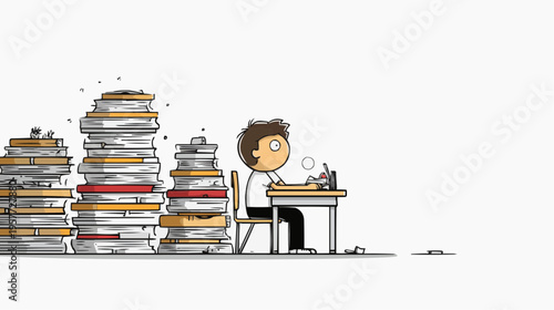 Flat vector illustration of a nervous student sitting at a desk with huge piles of books, suitable for educational stress, exam preparation, or study-related content.