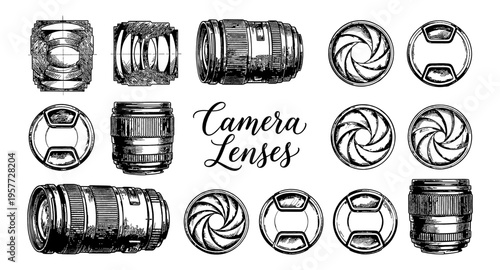 Detailed illustration of camera lenses and aperture diaphragms in vintage sketch style