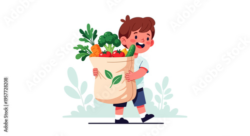 Boy Carrying Vegetable Bag.