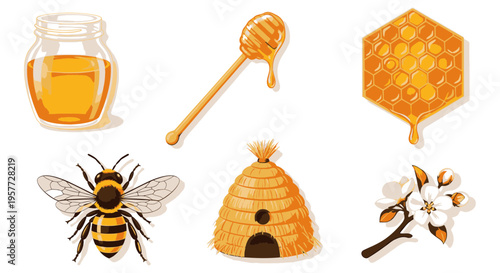 Bee and honeycomb with honey jar.