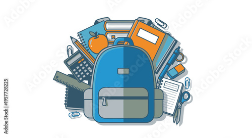 Blue backpack with school supplies.
