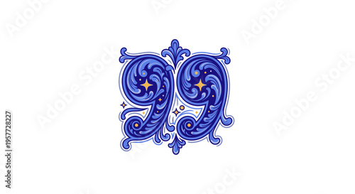 Blue ornate number ninety nine design.