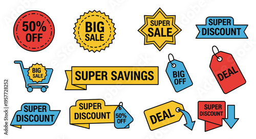 Collection of discount sale tags.